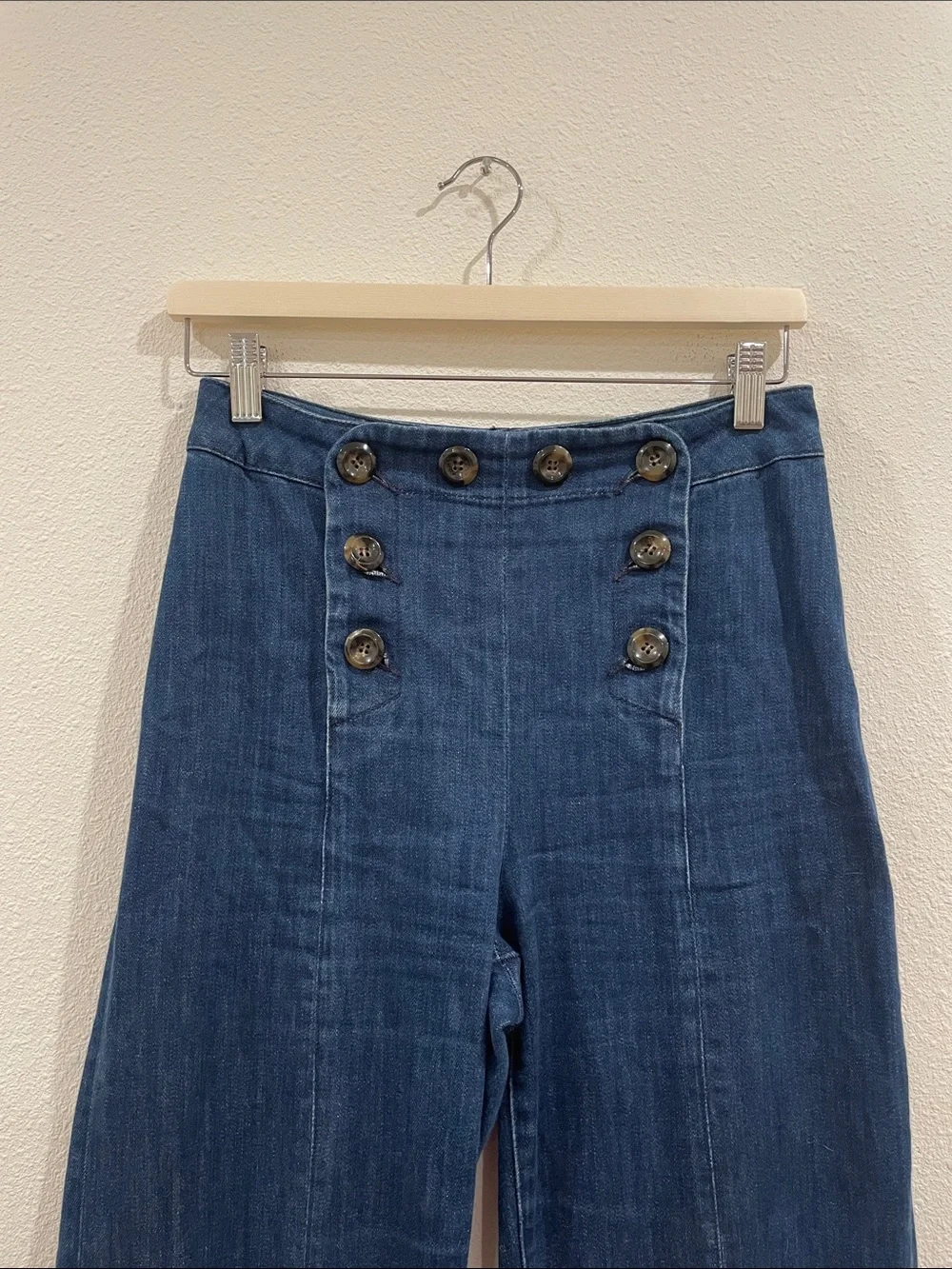 Sesame Denim High-Waist Sailor Damon Wide-Leg Denim Jeans Button Front Size 38